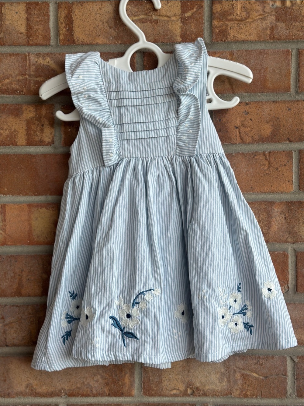 Light Blue Striped Floral Embroidered Girls' Sundress